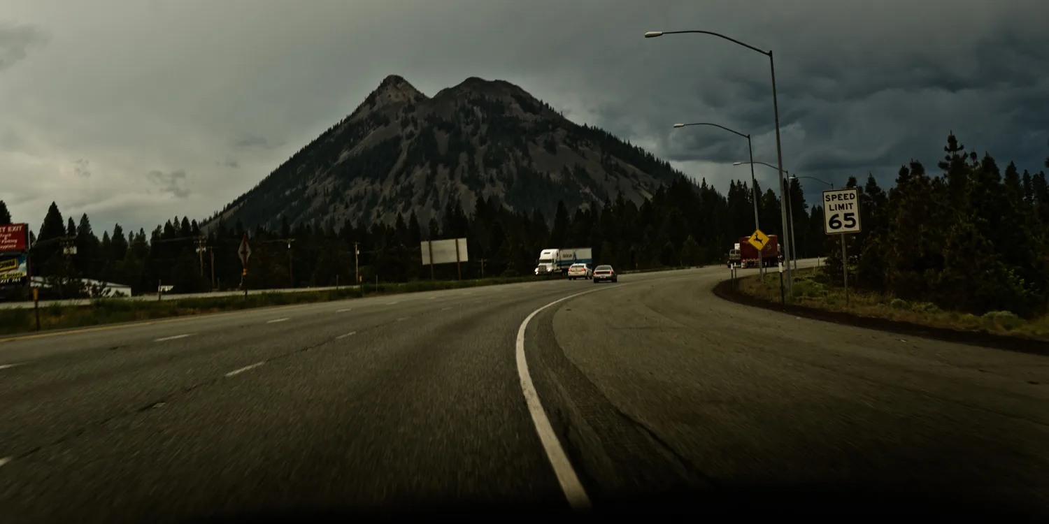Interstate 5 with Black Butte and a speed limit sign near Mount Shasta, California — US West Coast, panoramic fine art landscape photography by Janina Laszlo
