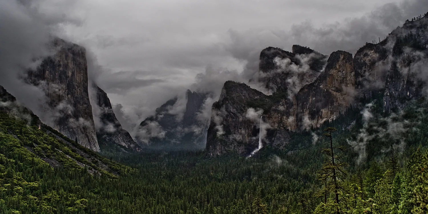 Tunnel View in clouds with El Capitan and Bridalveil Fall, Yosemite National Park, California — US West Coast, panoramic fine art landscape photography by Janina Laszlo