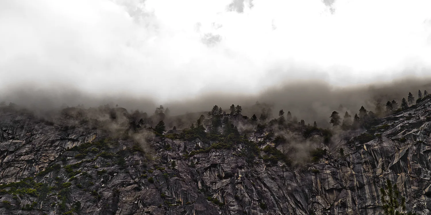 Granite cliff and pines dissolving in mist, Yosemite Valley, California — US West Coast, panoramic fine art landscape photography by Janina Laszlo