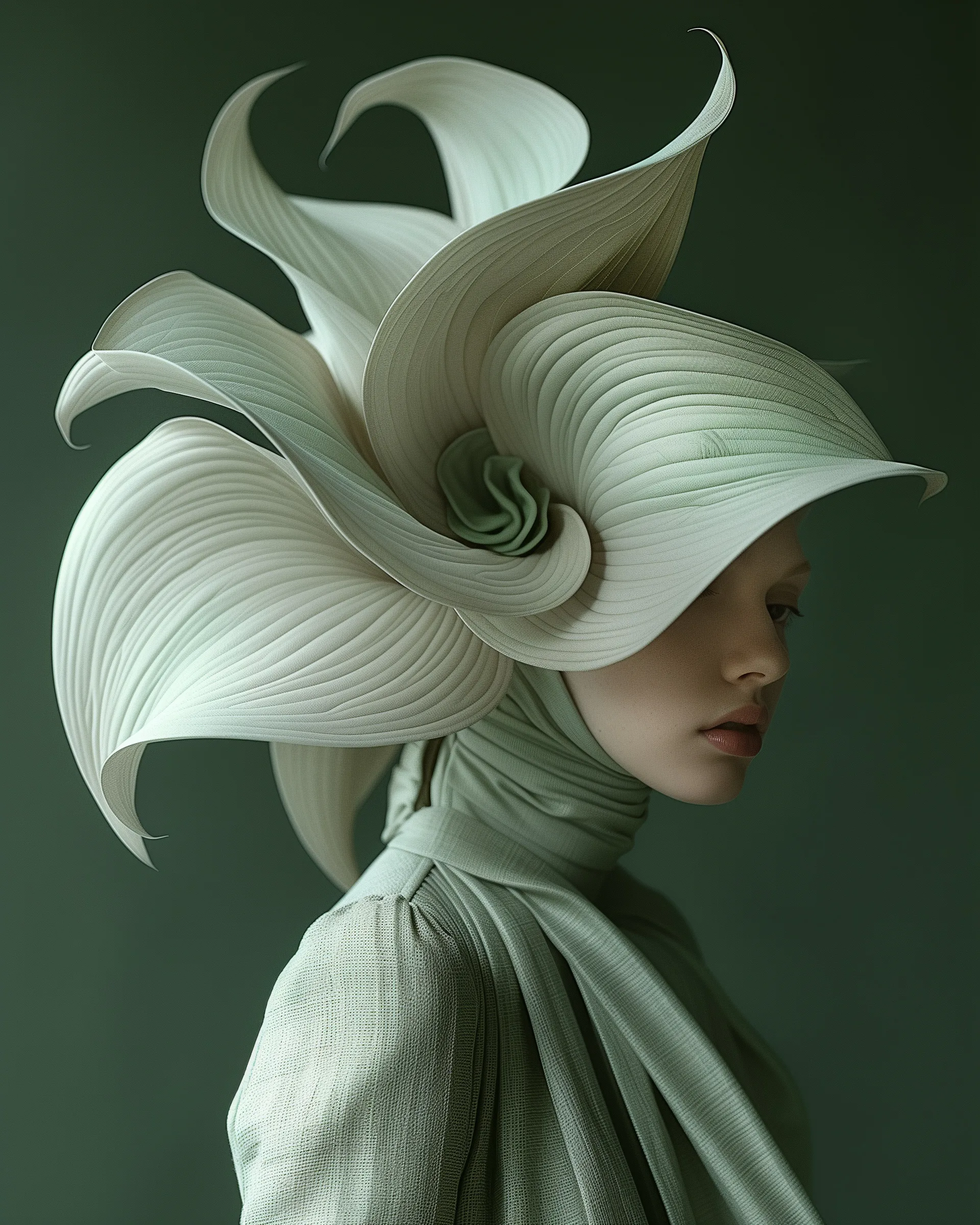 Aeonia (UNITY · Resonance, III.2) — swirling white petals over a figure in a sage scarf, dark green background — digital art by Janina Laszlo