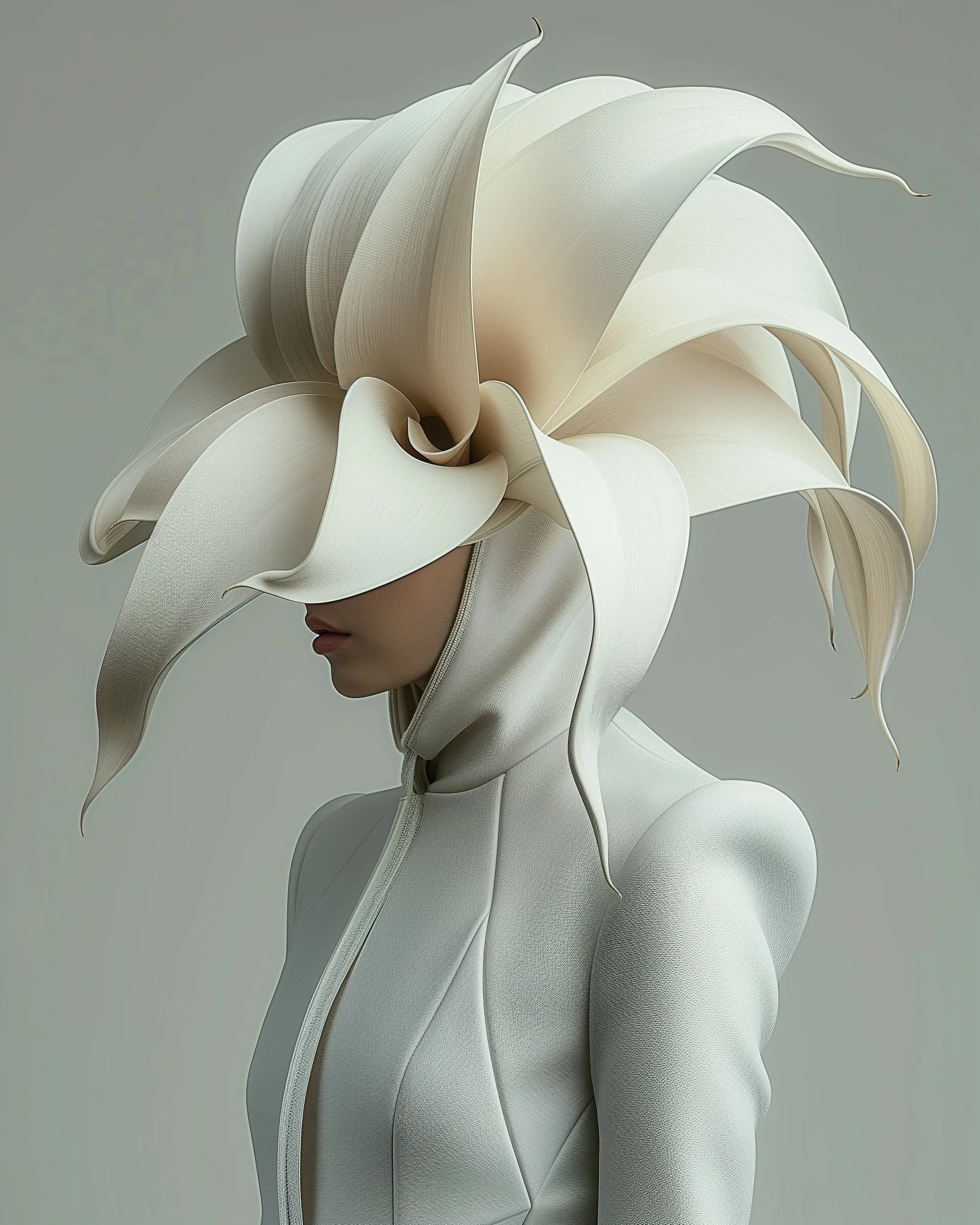 Aequa (UNITY · Integrae, VI.1) — star-like cream petals over a white knit hood, grey background — digital art by Janina Laszlo
