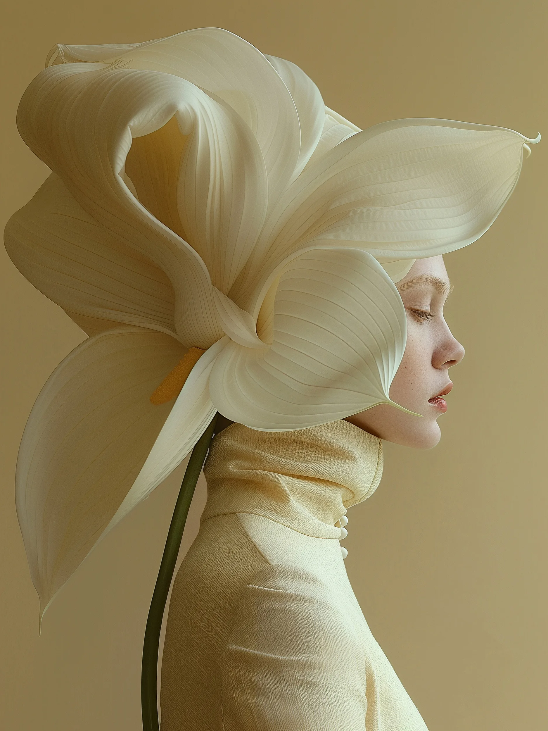 Calix (UNITY · Bloom, II.7) — large cream blossom on a green stem beside a profile in a cream turtleneck — digital art by Janina Laszlo