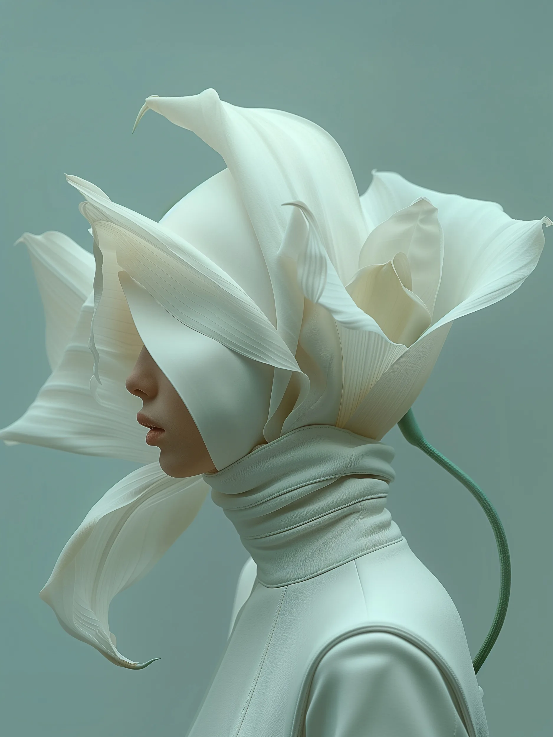 Celeste (UNITY · Continuum, V.7) — white calla blossoms around a hooded collar, teal background — digital art by Janina Laszlo
