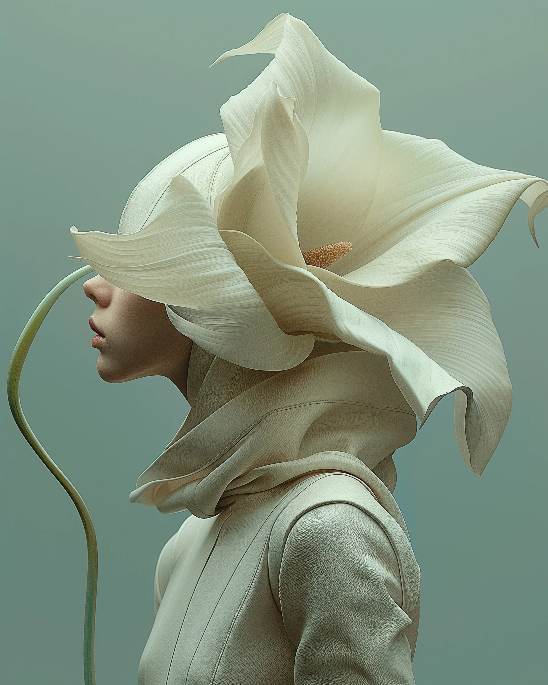 Cycla (UNITY · Continuum, V.2) — ruffled cream flower with a curved green stem above an ivory jacket — digital art by Janina Laszlo