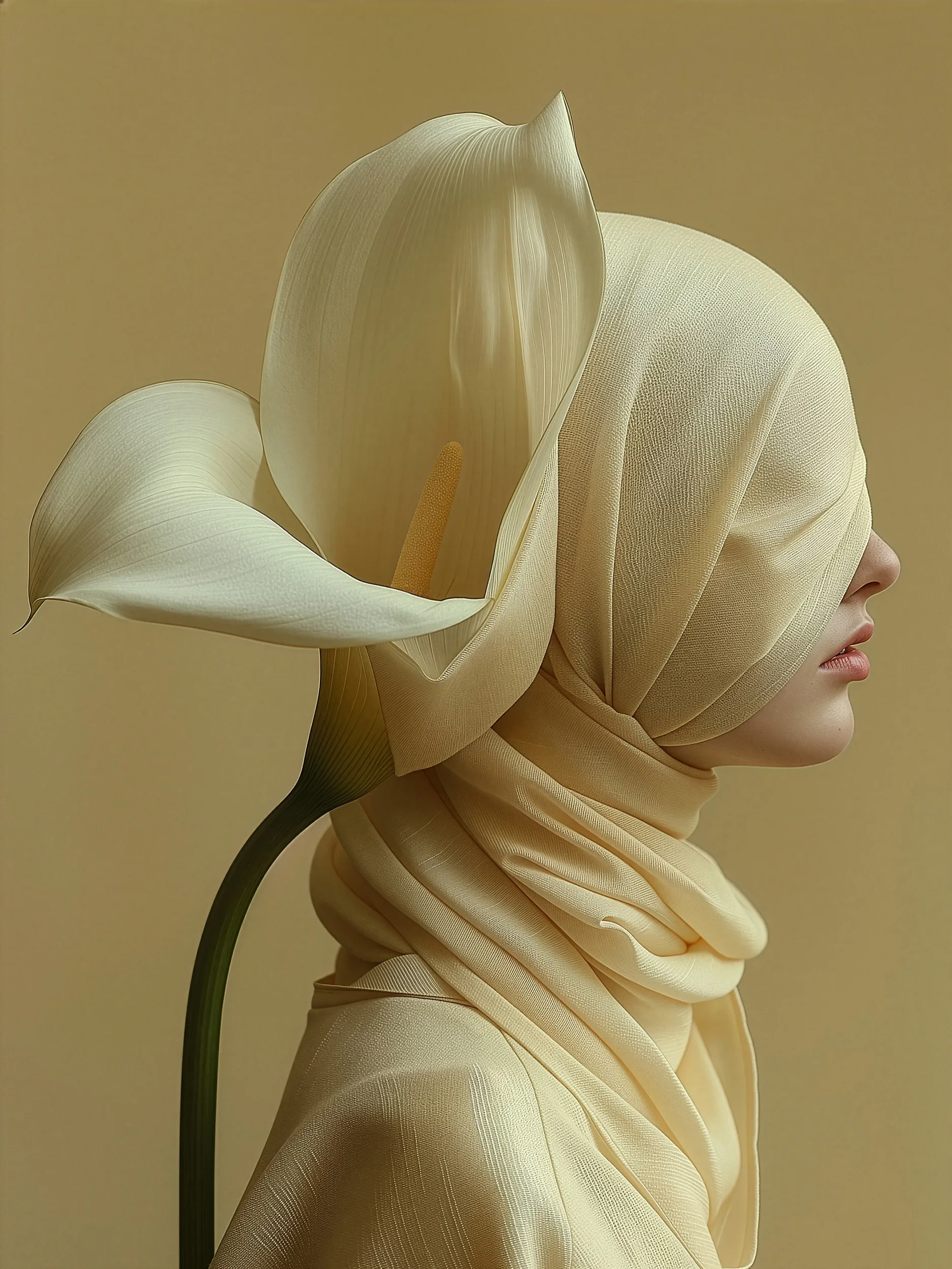 Eclypse (UNITY · Bloom, II.3) — calla lily growing beside a lace-veiled cream hood, ochre background — digital art by Janina Laszlo
