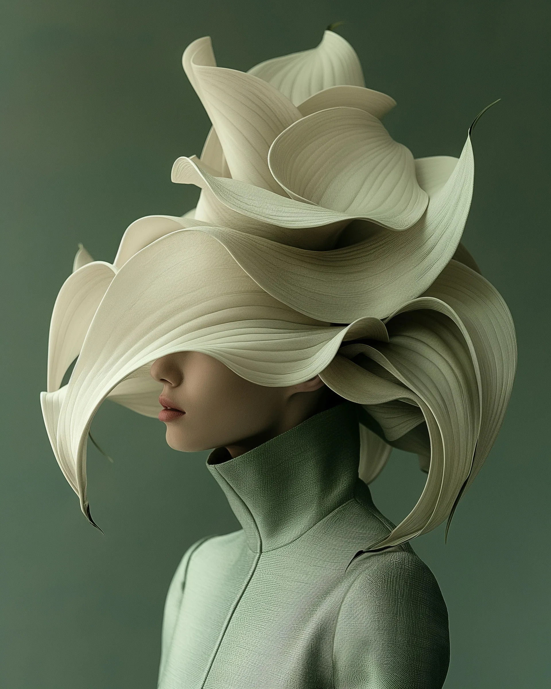 Eon (UNITY · Resonance, III.7) — sculpted cream petals above a sage high collar — digital art by Janina Laszlo