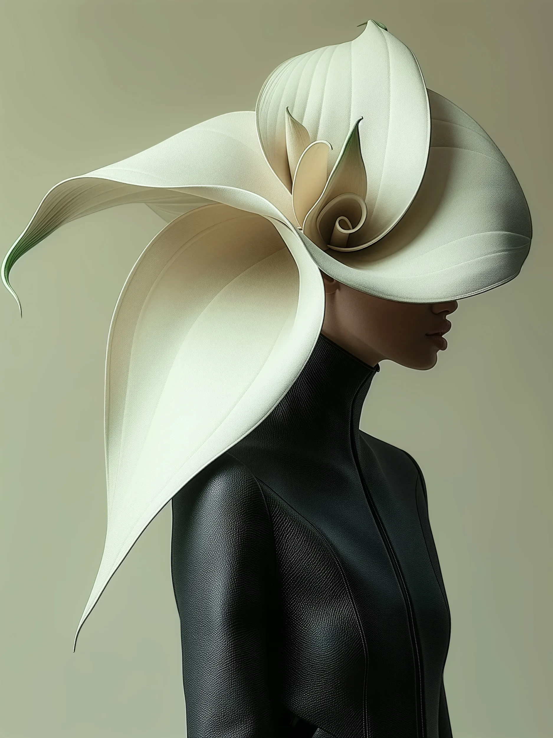 Flora (UNITY · Becoming, I.3) — sweeping white calla-petal hat, black leather jacket in profile, sage background — digital art by Janina Laszlo