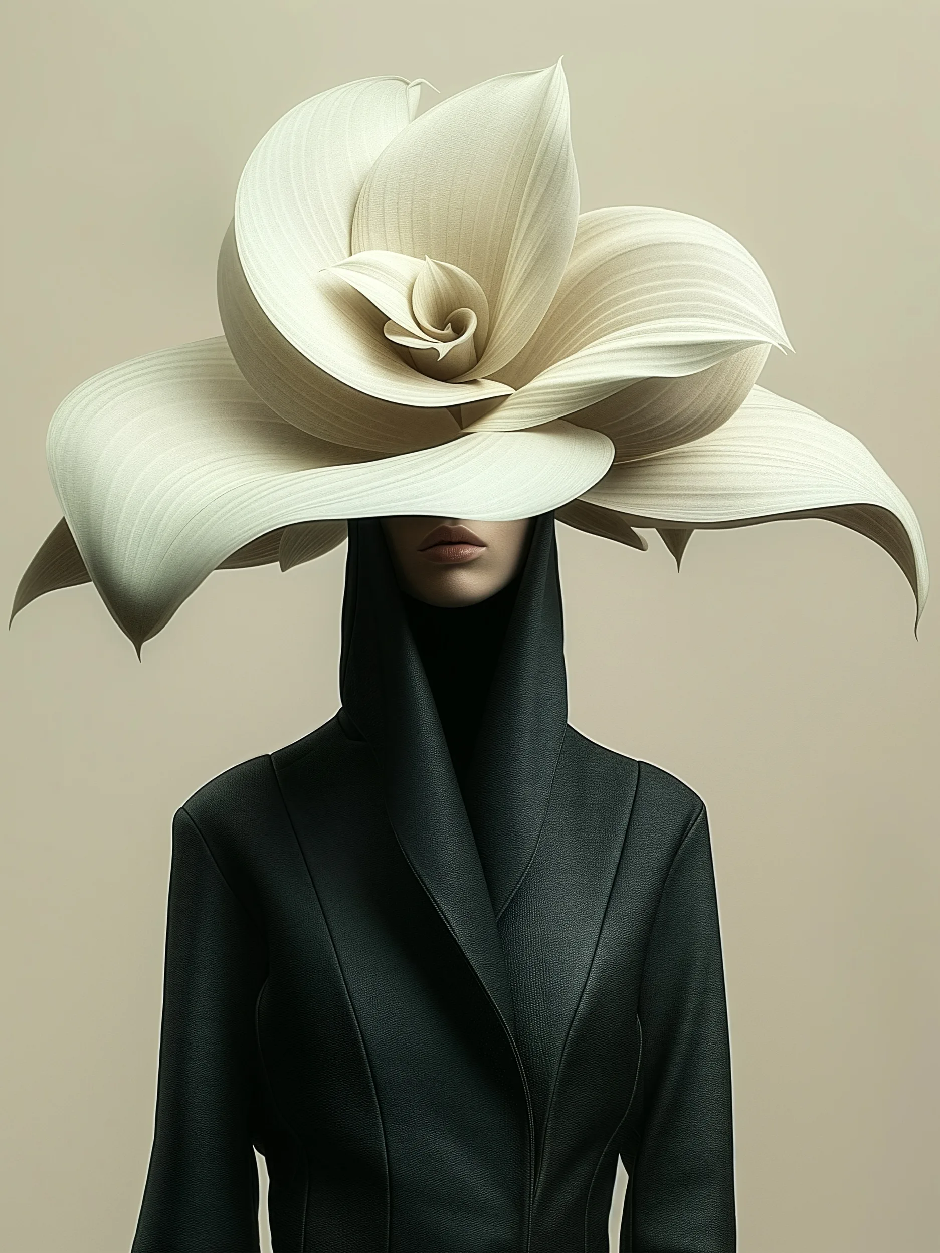 Genesis (UNITY · Becoming, I.1) — wide cream star-shaped blossom hat over a figure in a black high-collared coat — digital art by Janina Laszlo