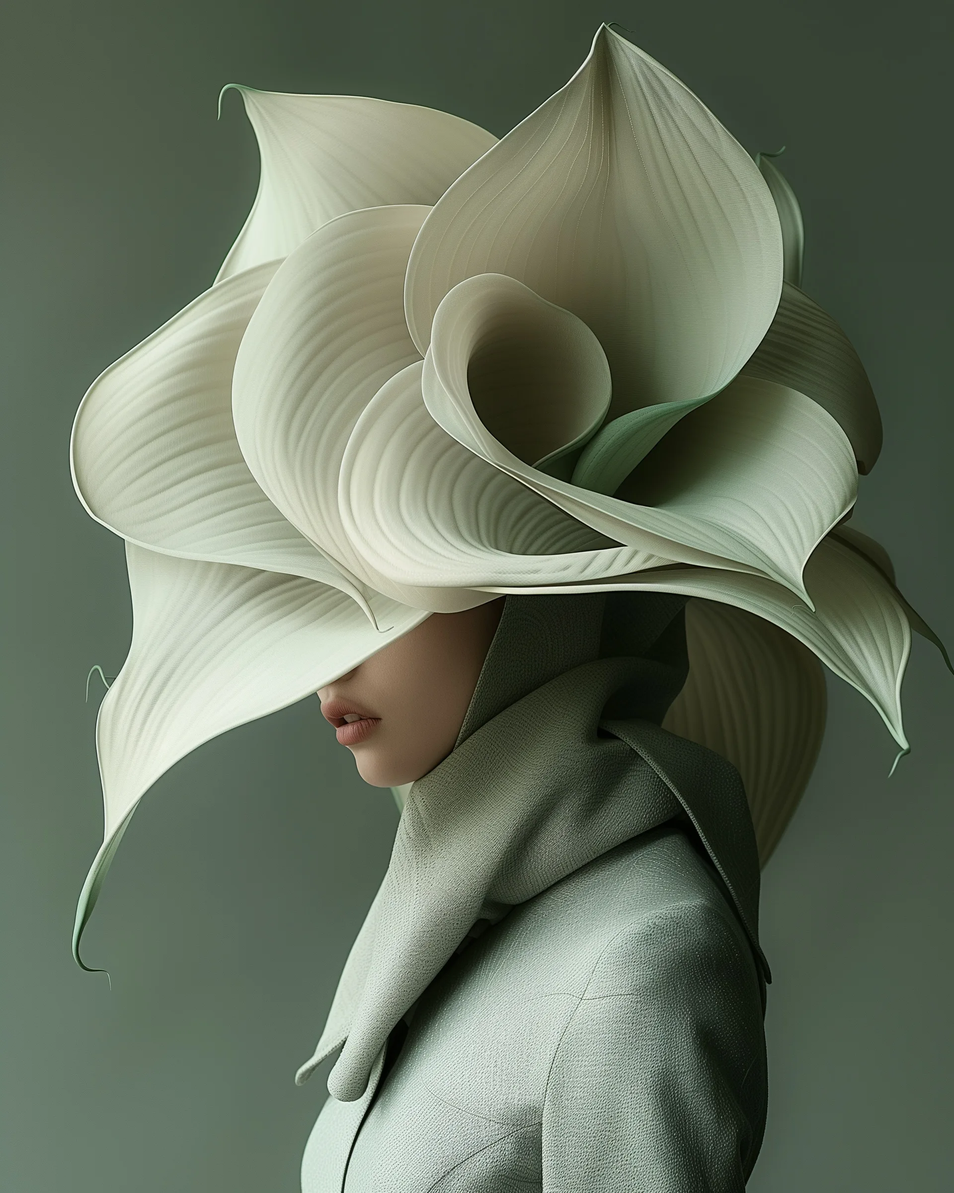 Halo (UNITY · Resonance, III.4) — ivory spiral petals over a grey wool collar, green-grey background — digital art by Janina Laszlo
