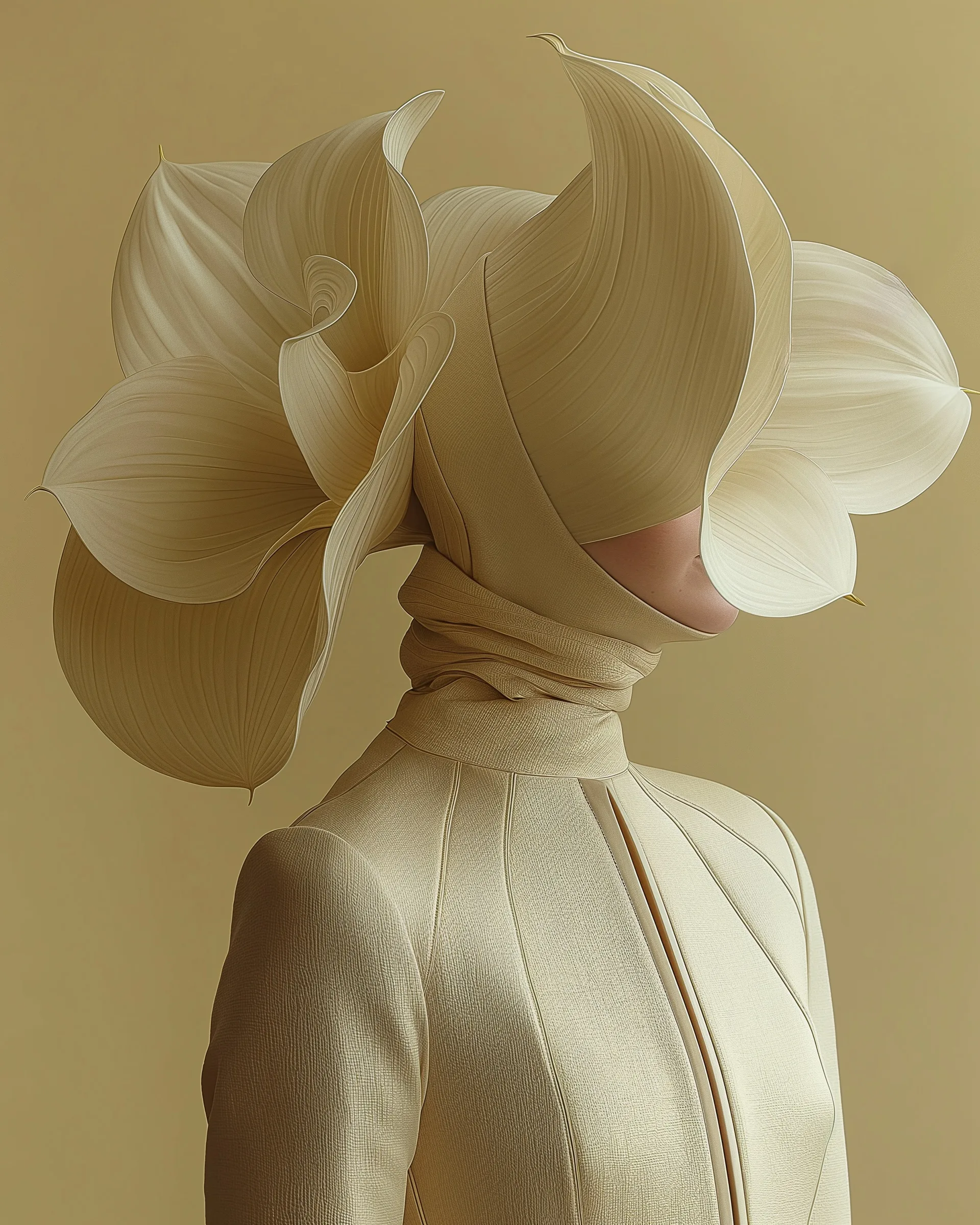 Hybrid (UNITY · Bloom, II.4) — sculpted cream petal hood above a tailored ivory jacket, golden background — digital art by Janina Laszlo