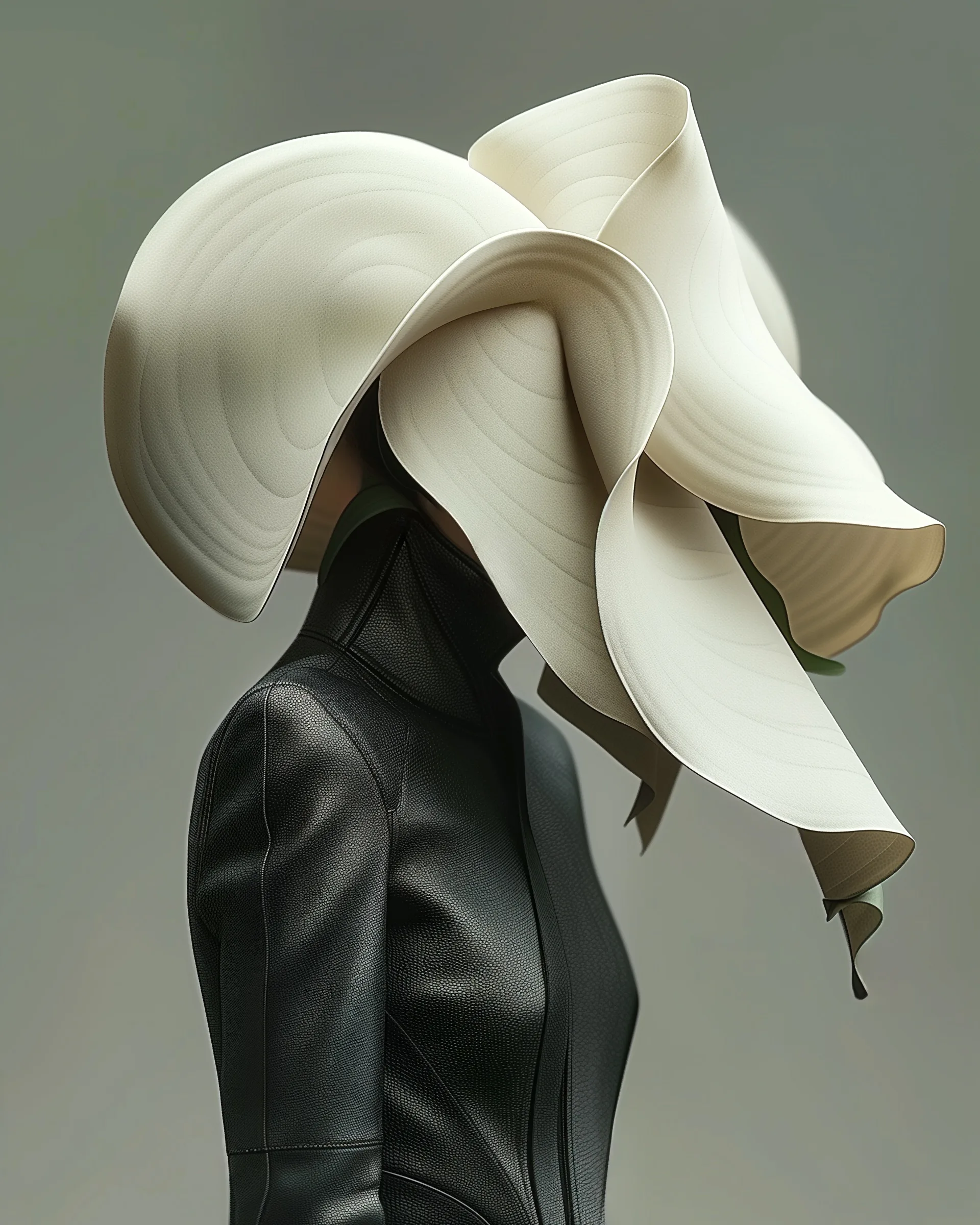 Hymn (UNITY · Becoming, I.6) — folded cream petal headdress over a black leather jacket, grey background — digital art by Janina Laszlo
