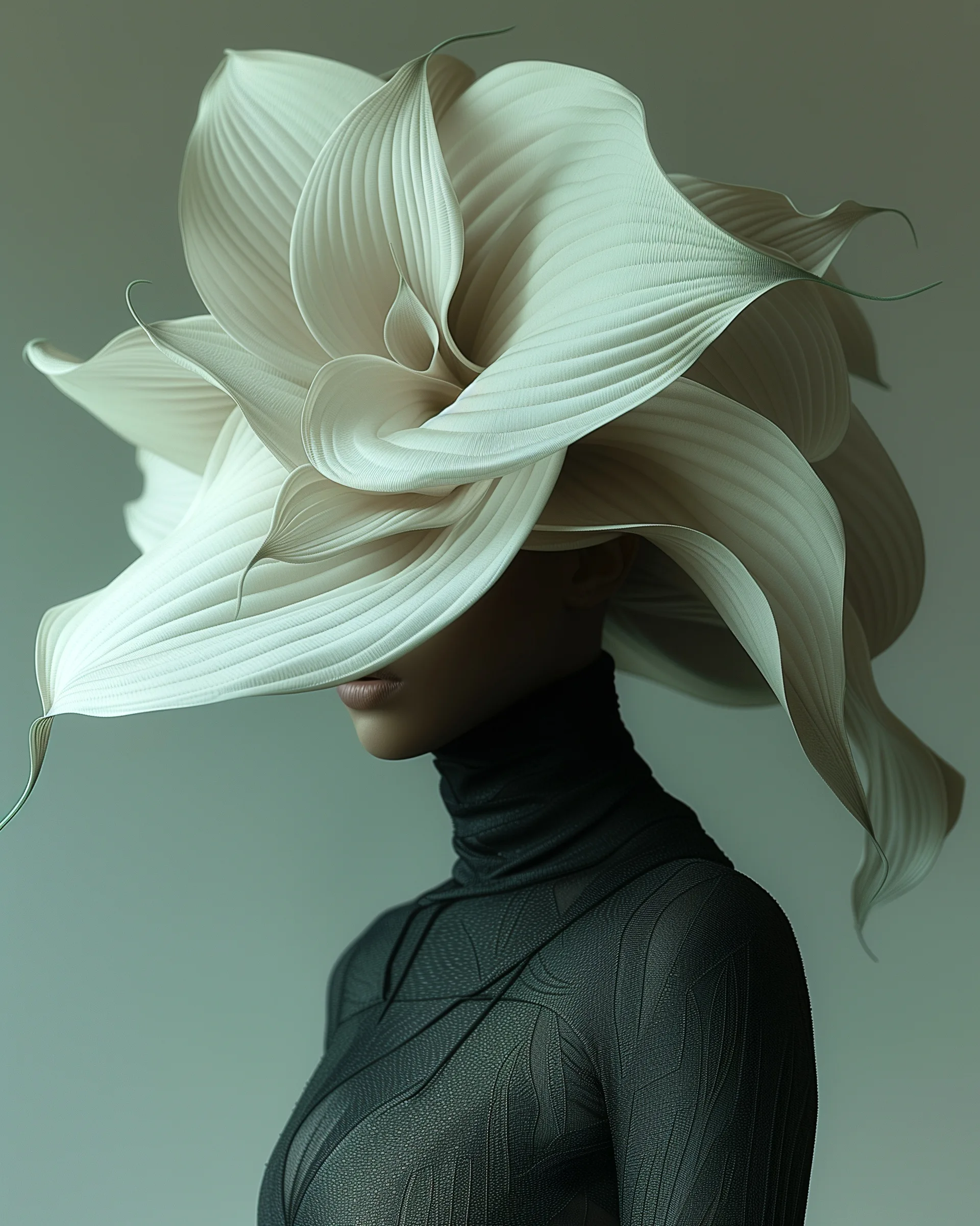 Intra (UNITY · Resonance, III.3) — white lily headpiece over a black turtleneck, sage background — digital art by Janina Laszlo