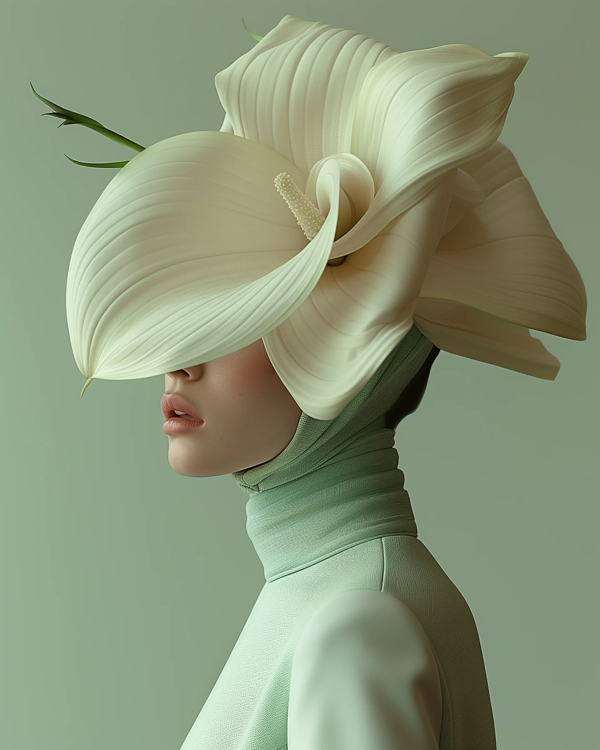 Lucid (UNITY · Synthesis, IV.3) — large cream blossom over a mint turtleneck — digital art by Janina Laszlo