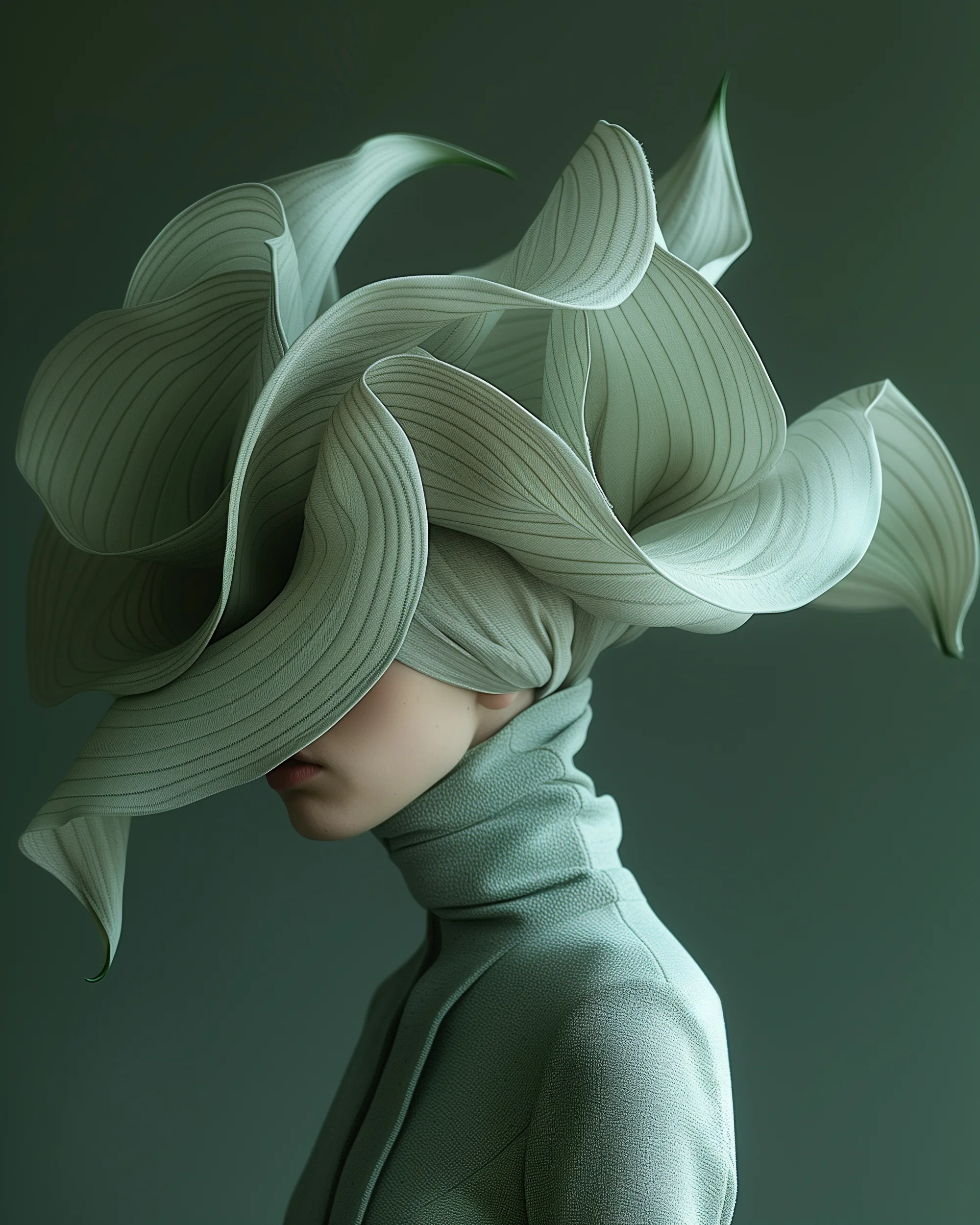 Lyria (UNITY · Resonance, III.5) — windswept sage-green petals covering the head of a figure dressed in teal — digital art by Janina Laszlo
