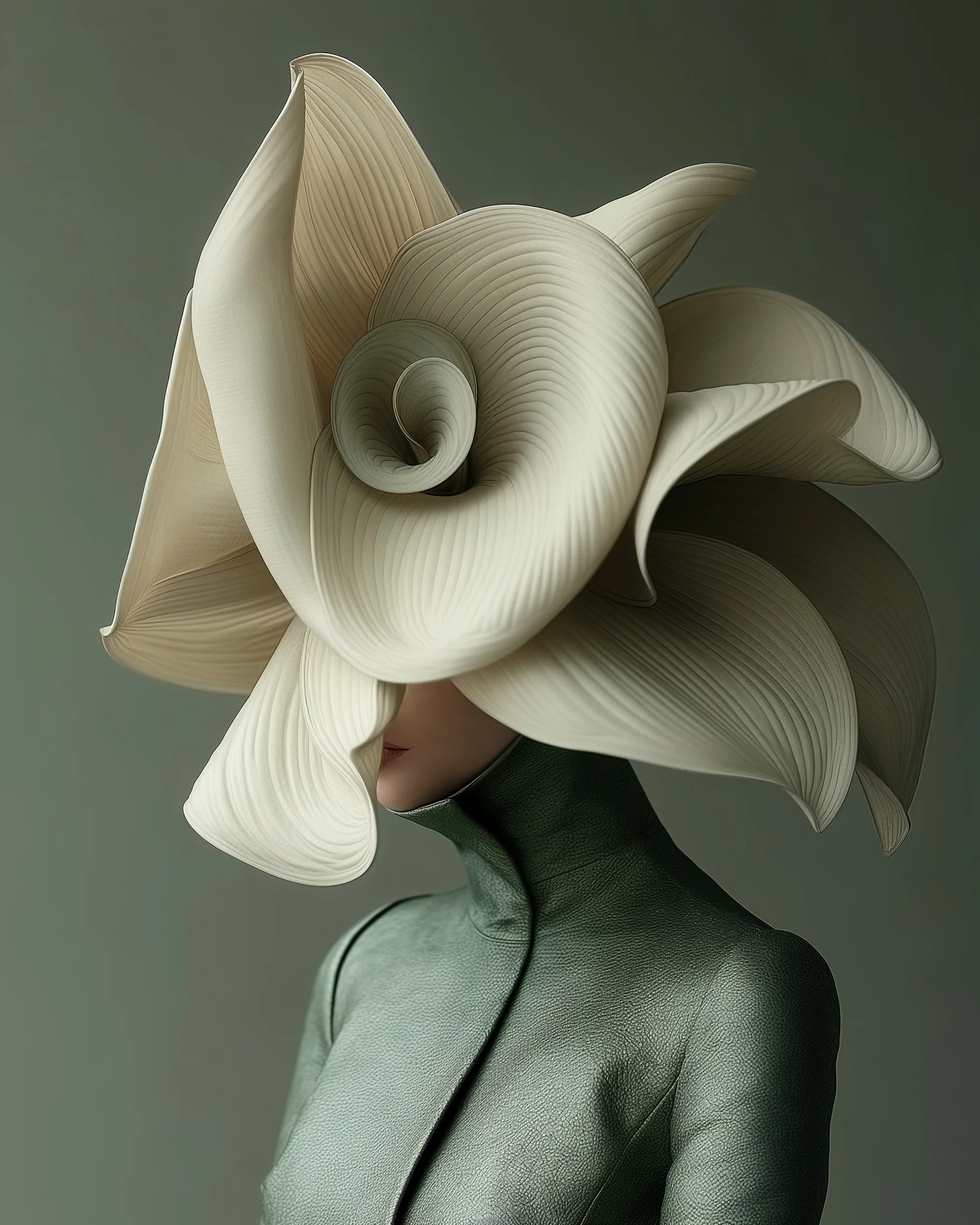 Meridian (UNITY · Resonance, III.1) — spiral cream flower headdress above a grey-green coat — digital art by Janina Laszlo