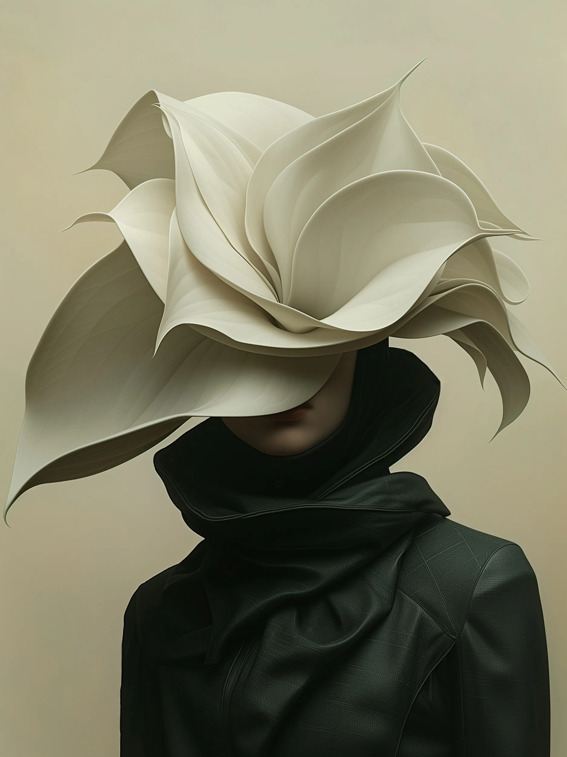 Neura (UNITY · Becoming, I.4) — layered cream petals over a figure wrapped in a black scarf — digital art by Janina Laszlo