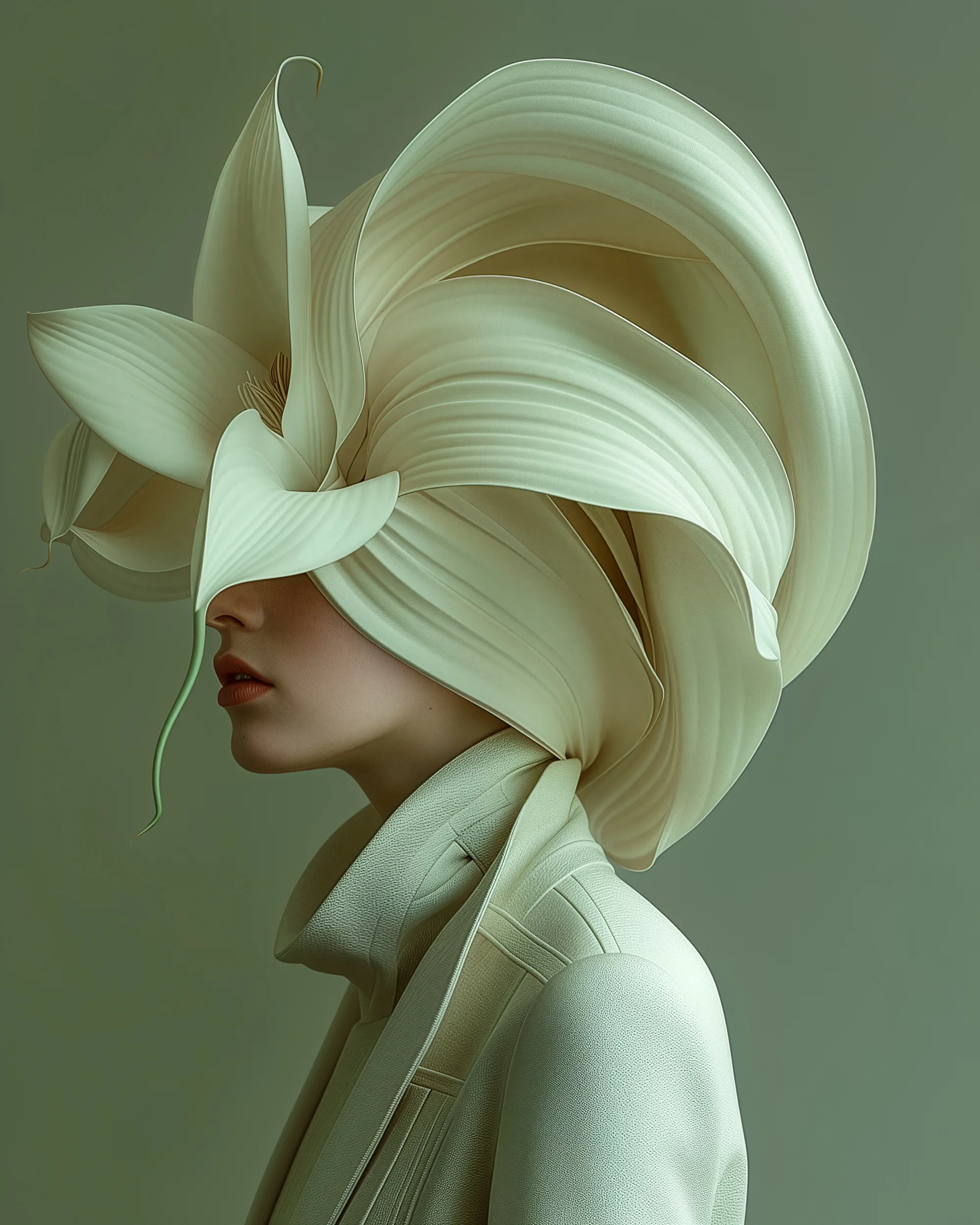 Noesis (UNITY · Synthesis, IV.2) — sweeping ivory petals over a woman in a pale green coat — digital art by Janina Laszlo