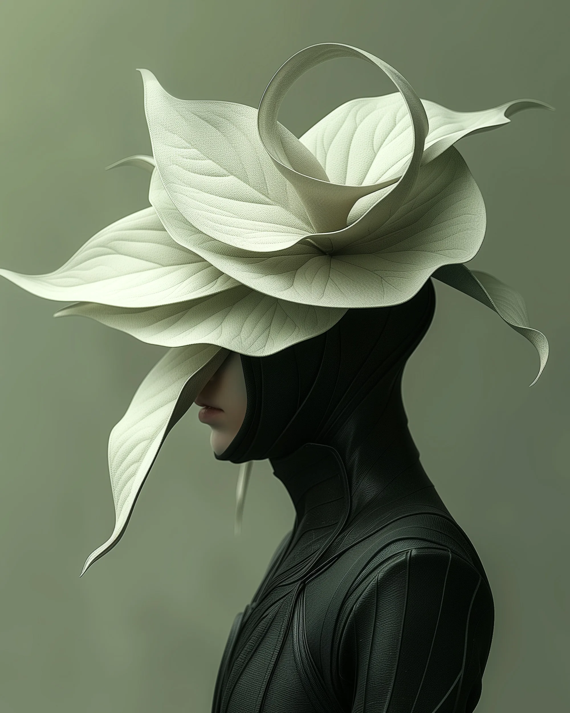 Origin (UNITY · Becoming, I.5) — pale leaf crown with a looped stem above black leather, sage-green background — digital art by Janina Laszlo