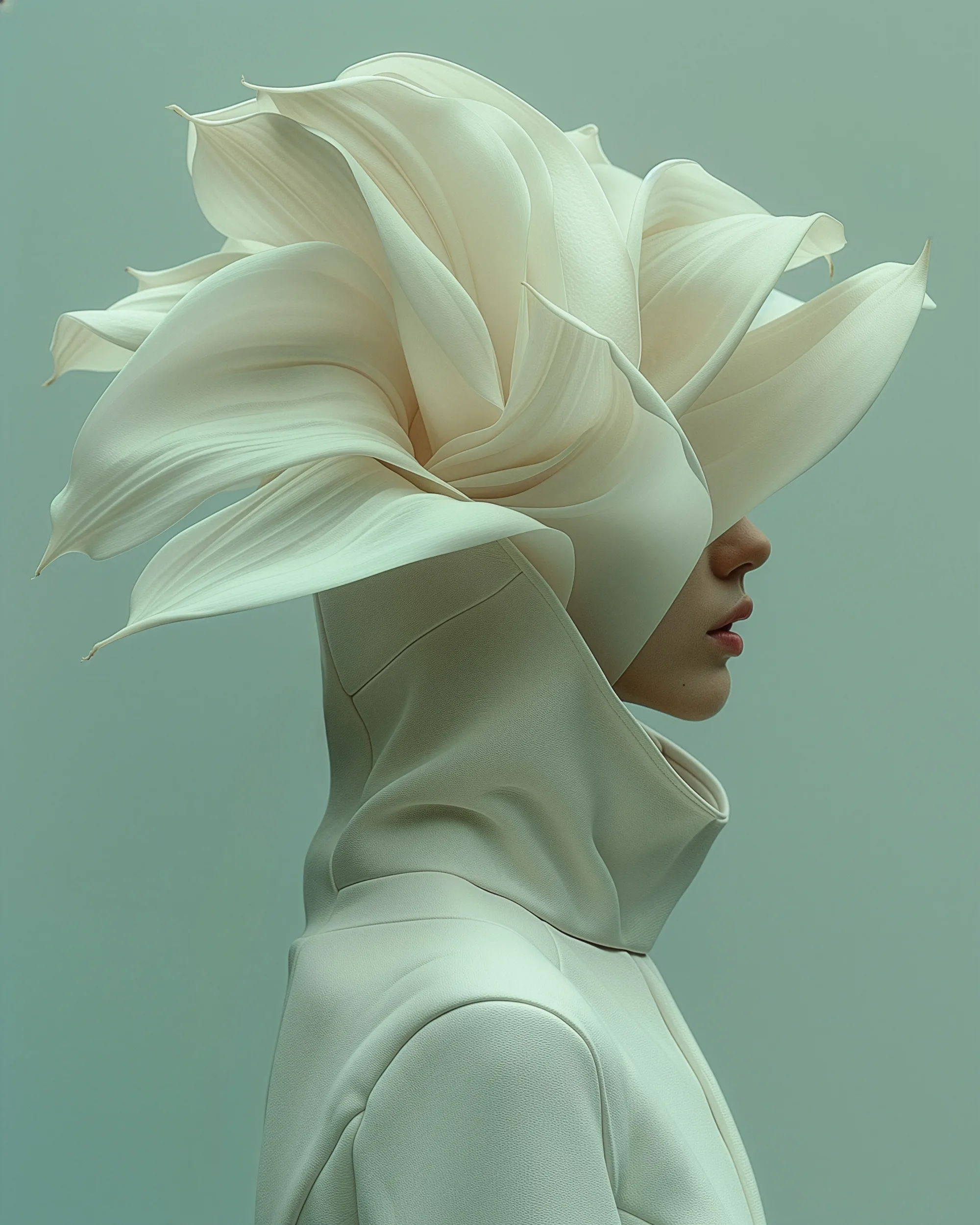 Revolve (UNITY · Continuum, V.3) — windblown cream petals over a high white hooded collar — digital art by Janina Laszlo