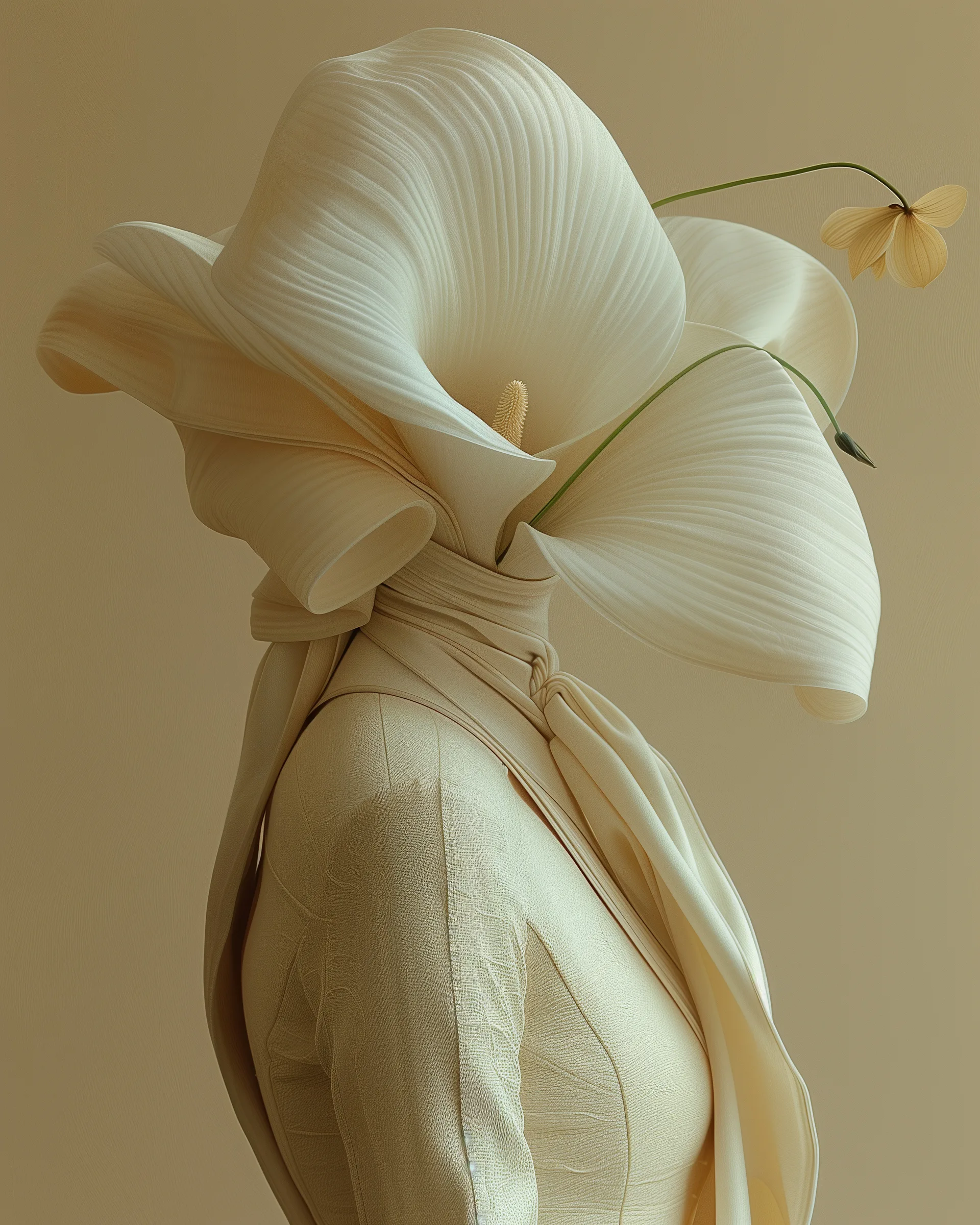 Seed (UNITY · Bloom, II.1) — cream calla hood with a wrapped scarf and a small bud on a stem, warm beige — digital art by Janina Laszlo