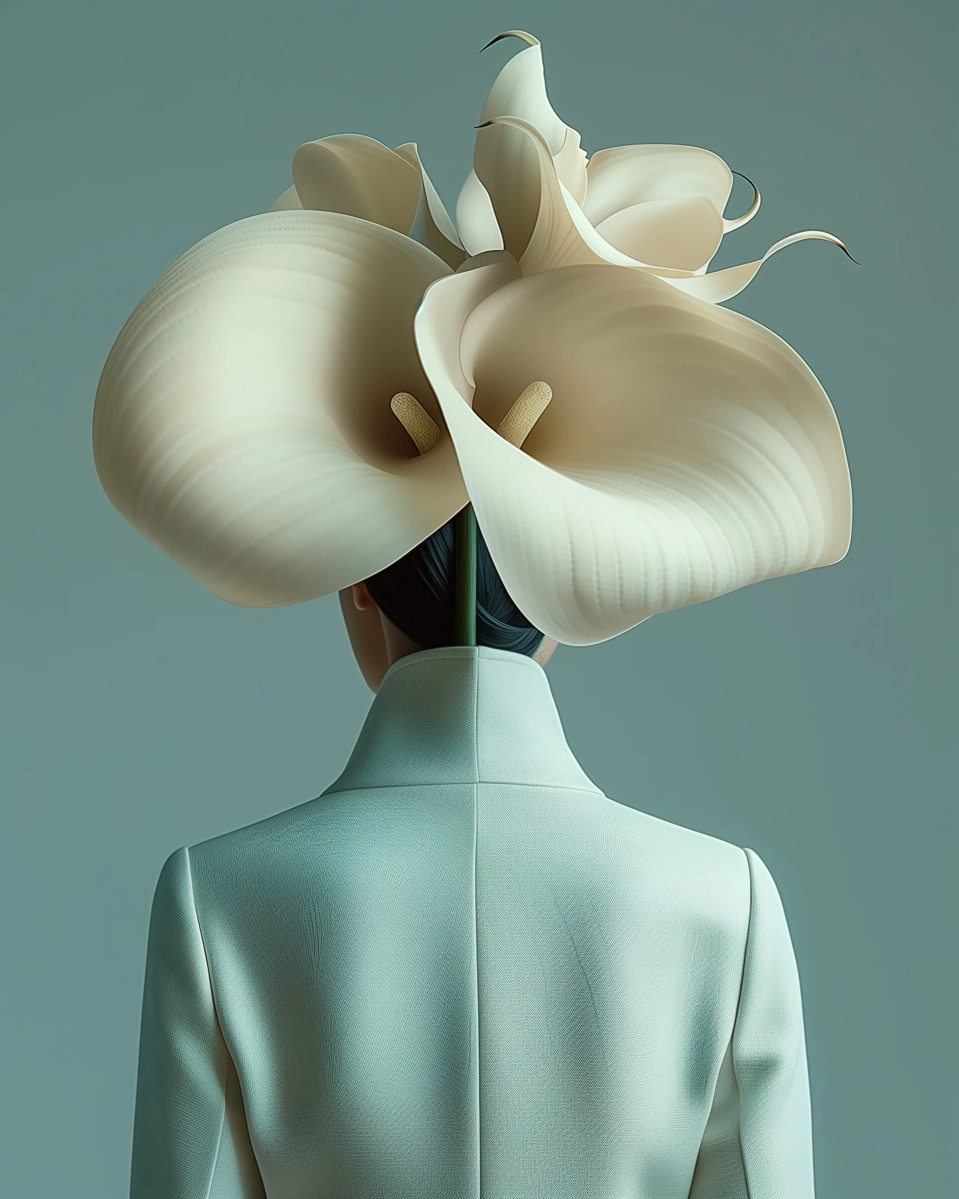 Seraphis (UNITY · Continuum, V.1) — calla blossoms crowning a figure seen from behind in a pale blue coat — digital art by Janina Laszlo