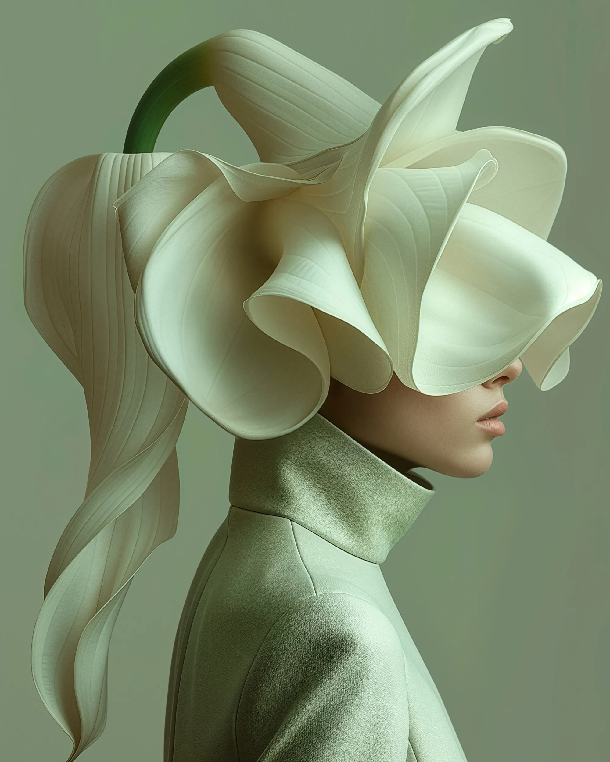 Solace (UNITY · Synthesis, IV.1) — curling cream petals with a green stem over a sage coat — digital art by Janina Laszlo