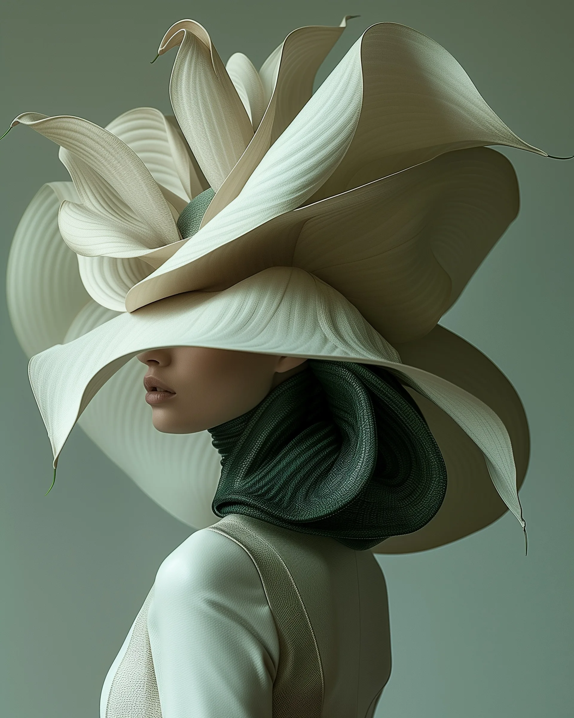 Solis (UNITY · Resonance, III.6) — wide layered cream petals over a dark green knit collar — digital art by Janina Laszlo