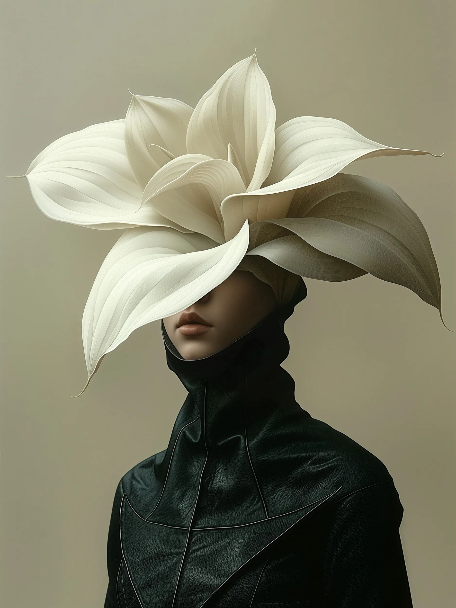 Soma (UNITY · Becoming, I.2) — open white lily blossom hiding the face, black leather collar, taupe background — digital art by Janina Laszlo