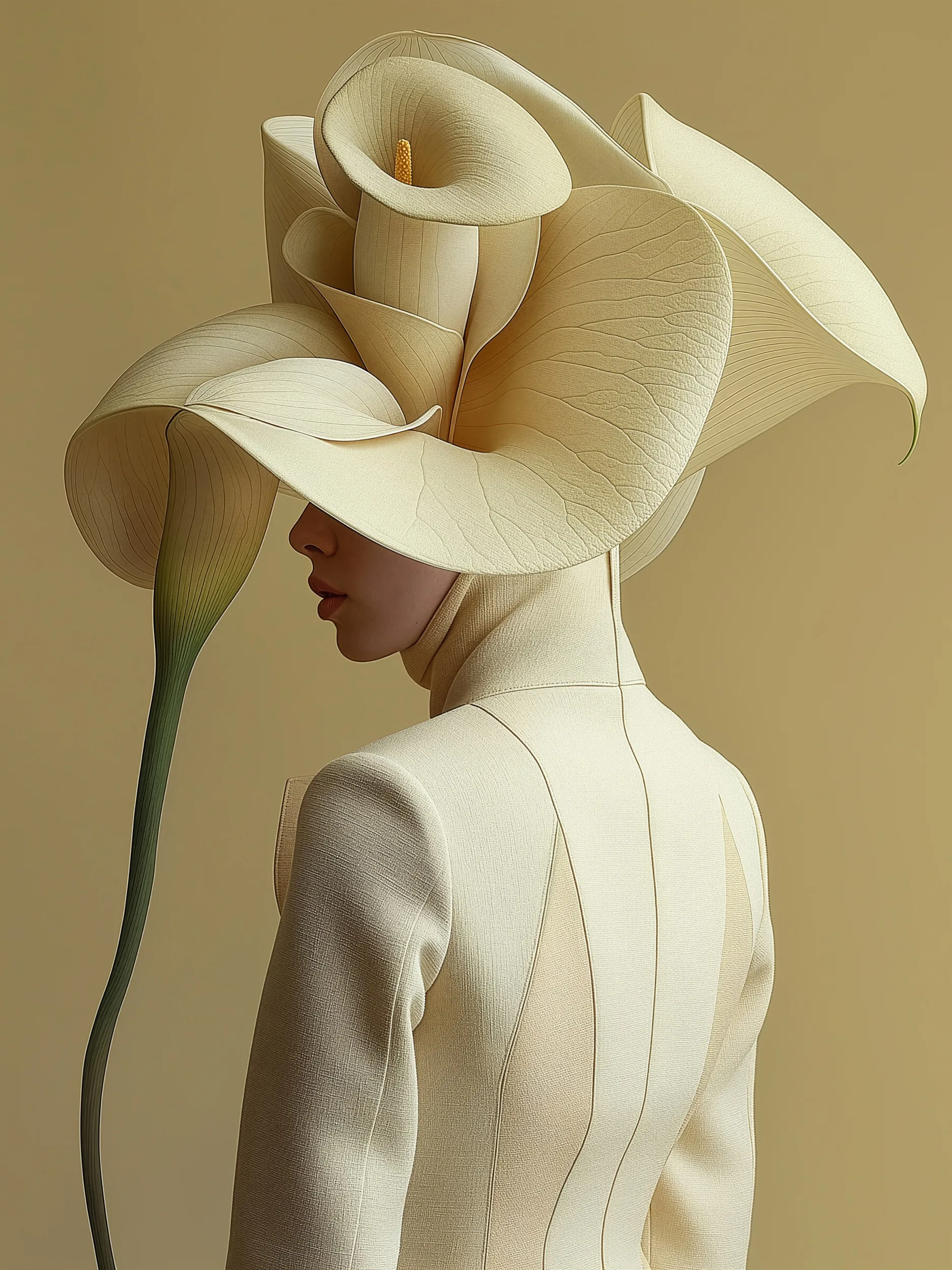 Spiral (UNITY · Bloom, II.5) — rose-like spiral blossom hat with a curved stem, ivory jacket in profile — digital art by Janina Laszlo