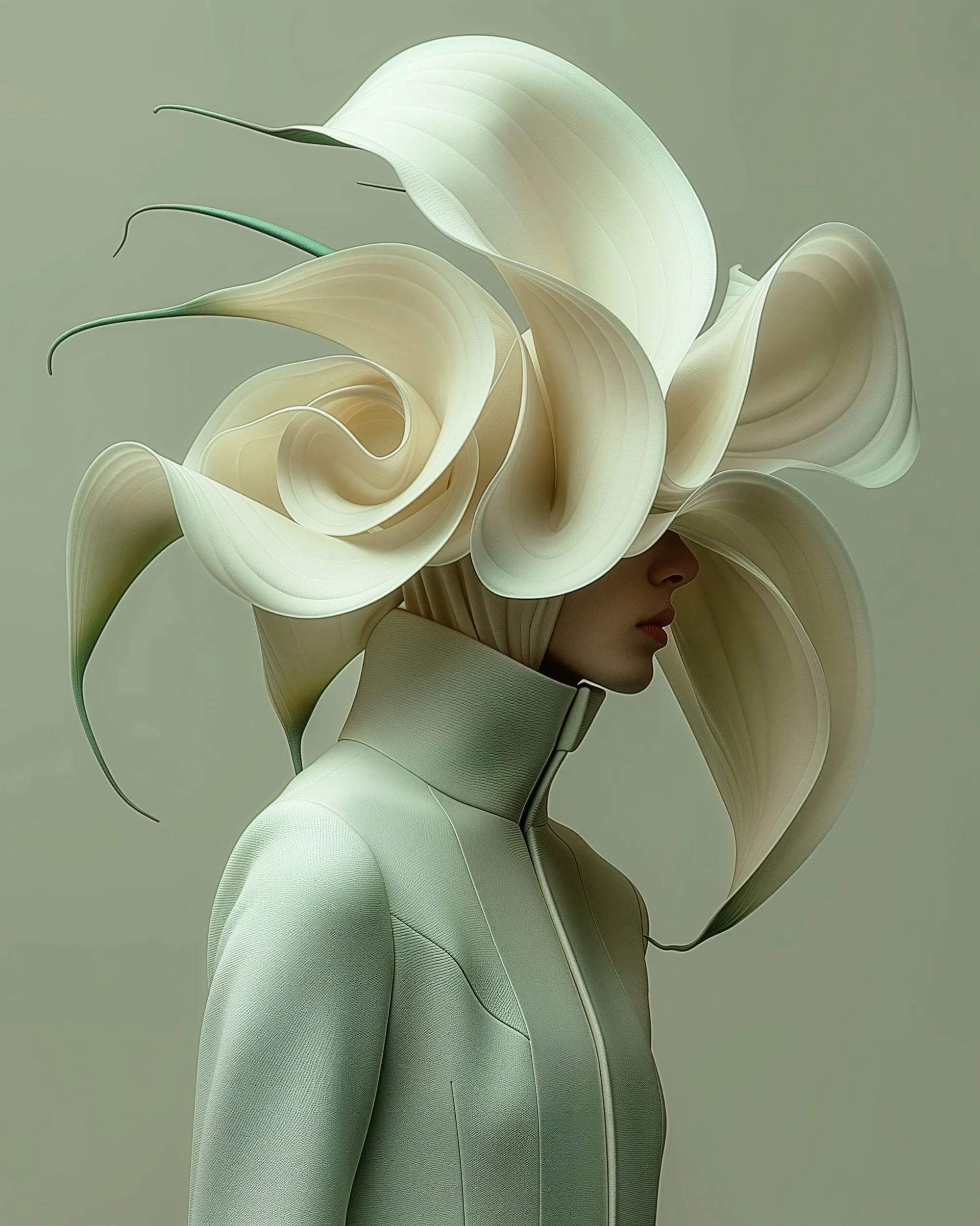 Velum (UNITY · Synthesis, IV.4) — rose-like cream petals and green tendrils above a mint jacket — digital art by Janina Laszlo