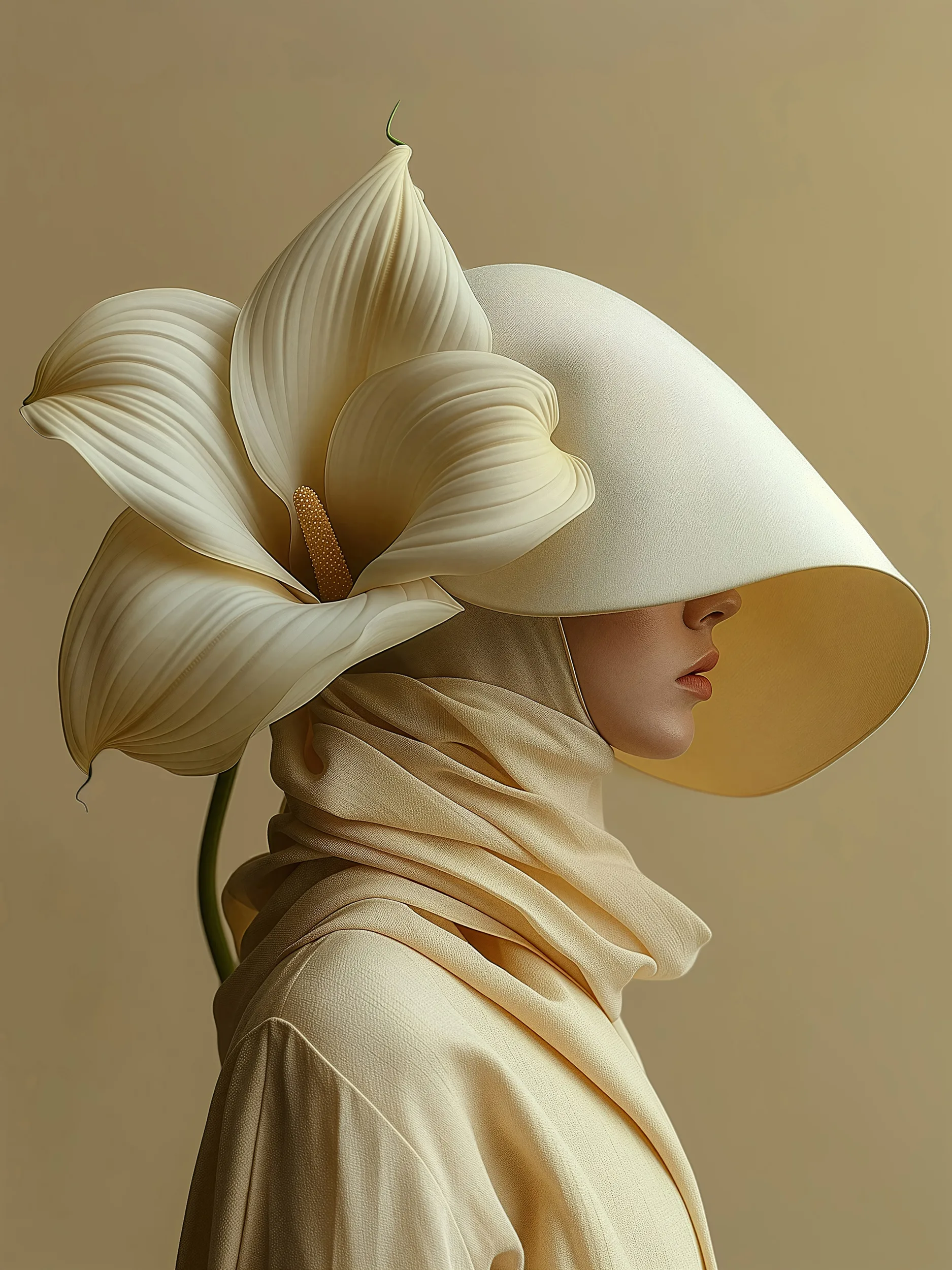 Virea (UNITY · Bloom, II.8) — lily and wide cream brim over a woman in a cream scarf — digital art by Janina Laszlo