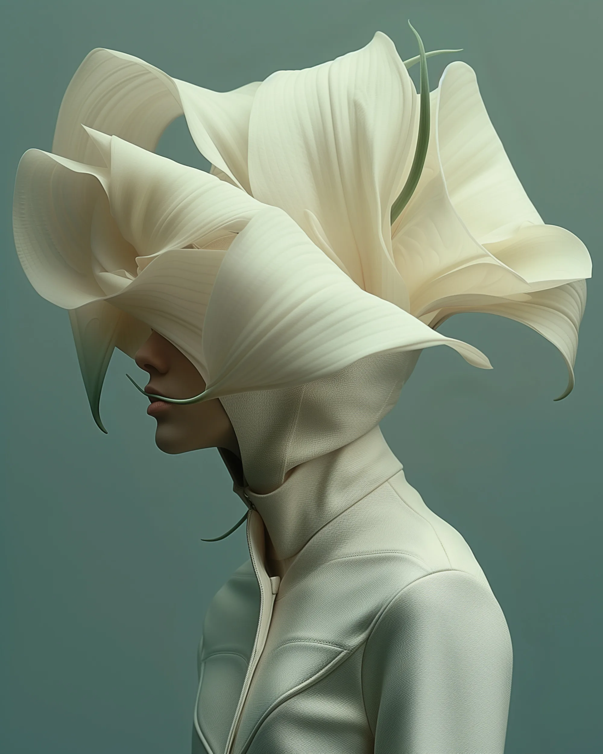 Vorta (UNITY · Continuum, V.5) — large cream flower over a hooded ivory collar, teal-grey background — digital art by Janina Laszlo
